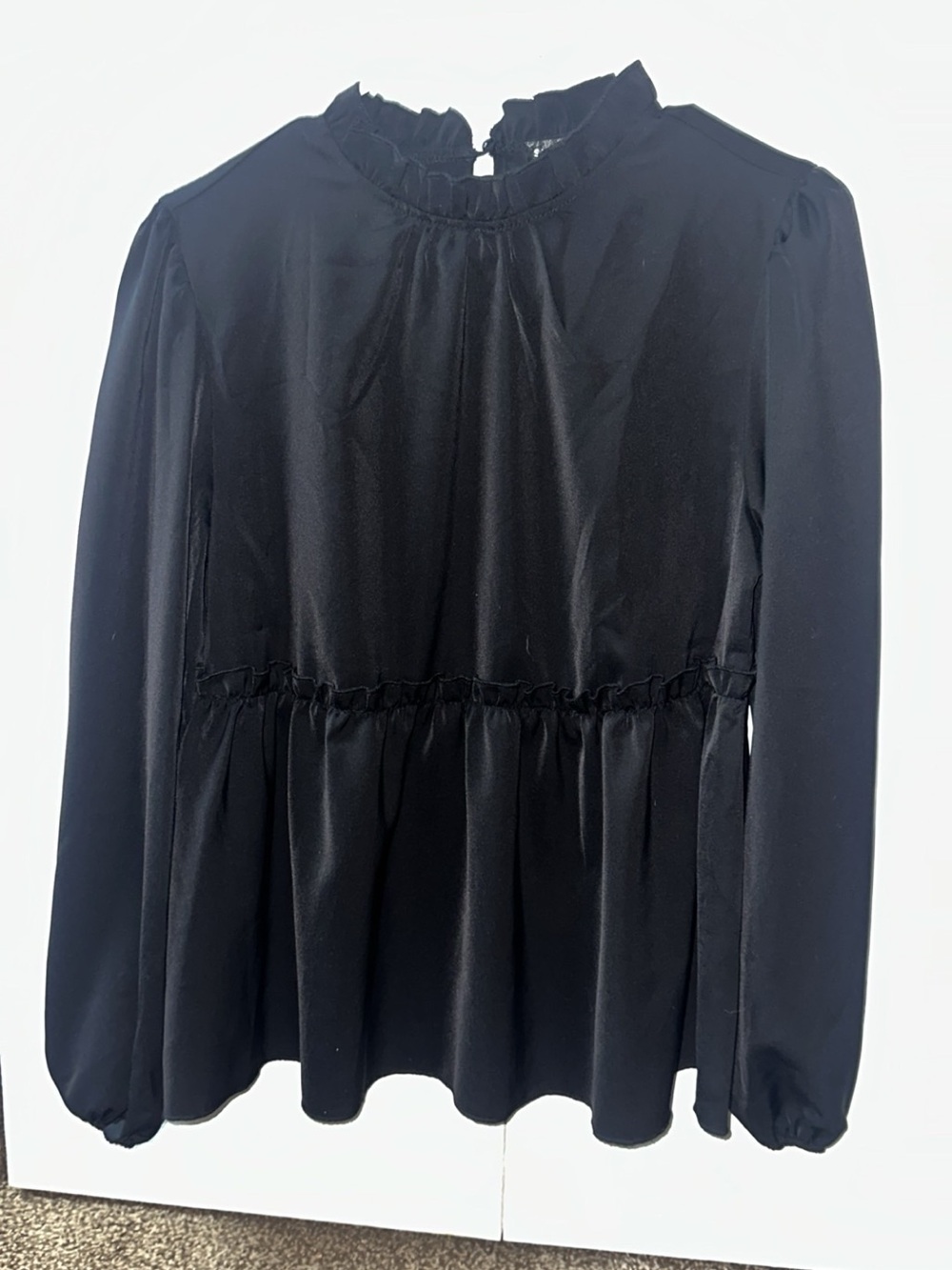 Black Long-Sleeve Ruffled Neck Peplum Blouse